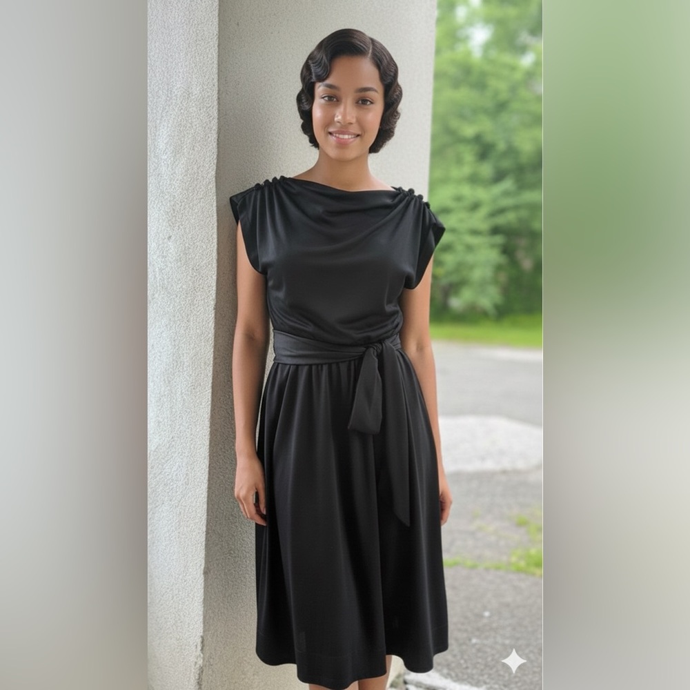Vintage LBD Henry Lee, soft Knit poly, Draped Neck, Elastic Waist w/Sash